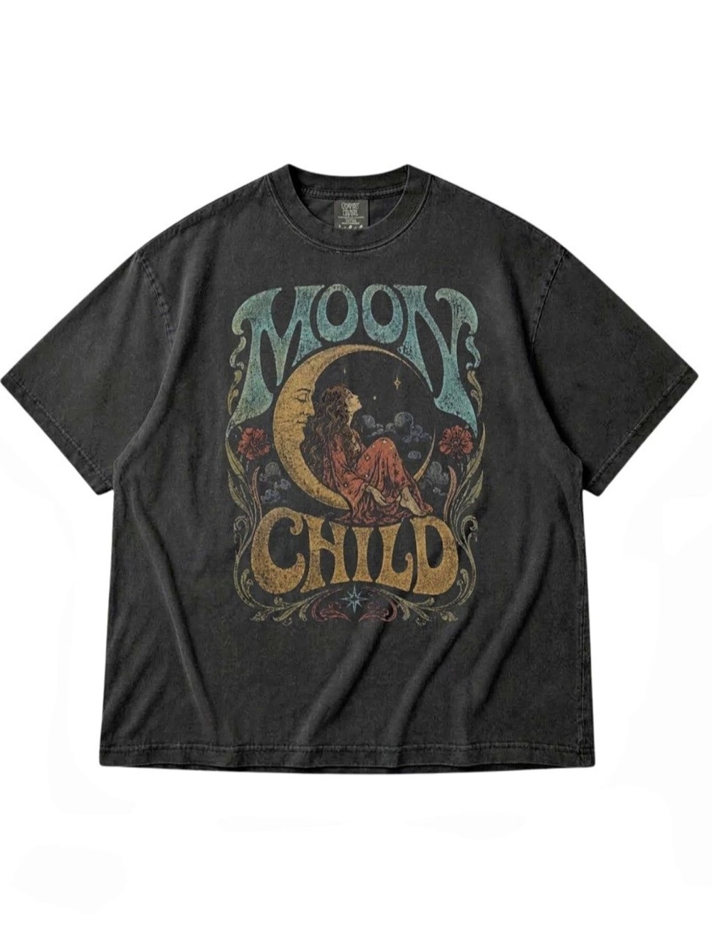 Comfy Colors Graphic Moon Child Short Sleeve Tee in Black